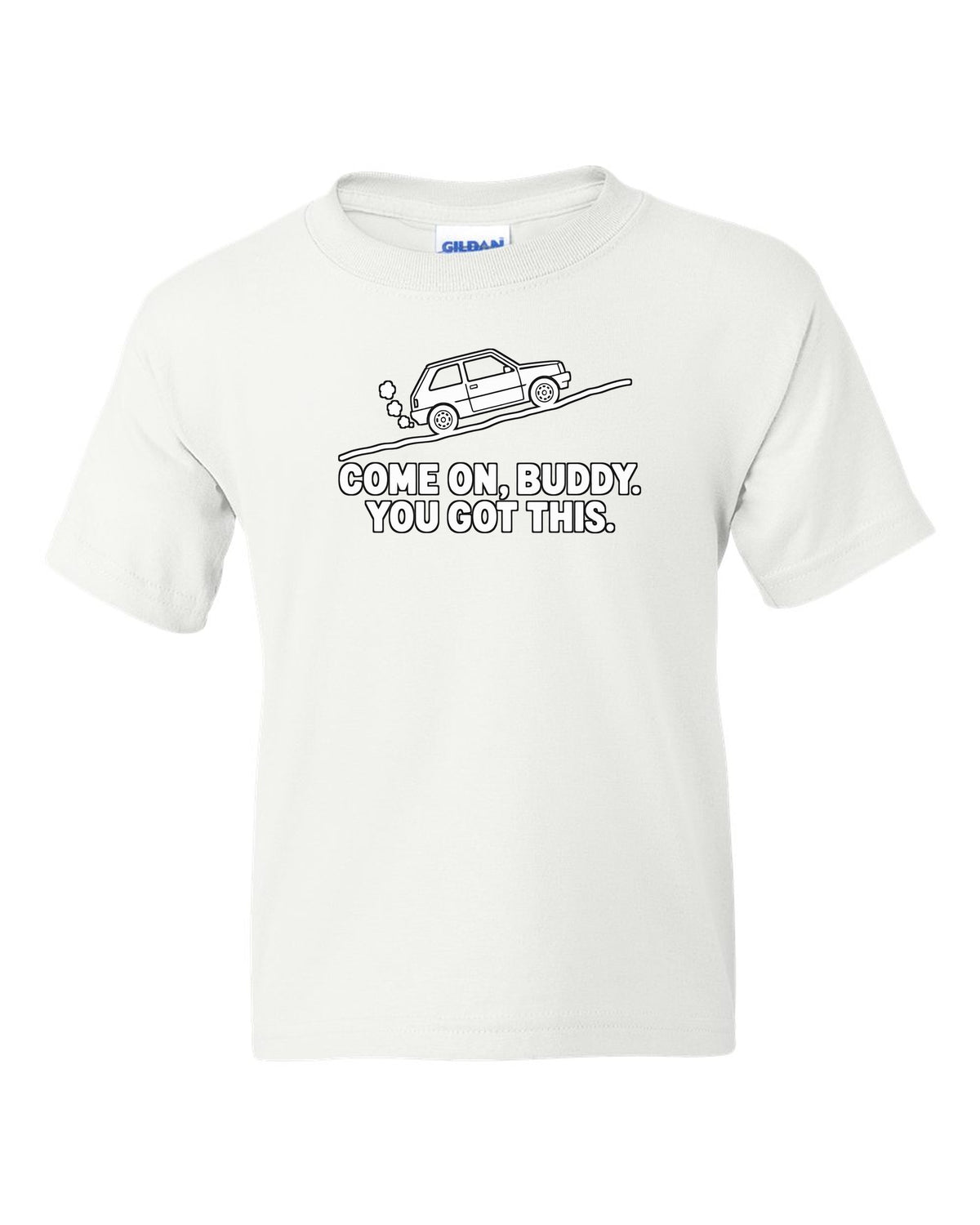 Tiny boxy car climbing a steep hill with steam puffs white kids tee front view with the design