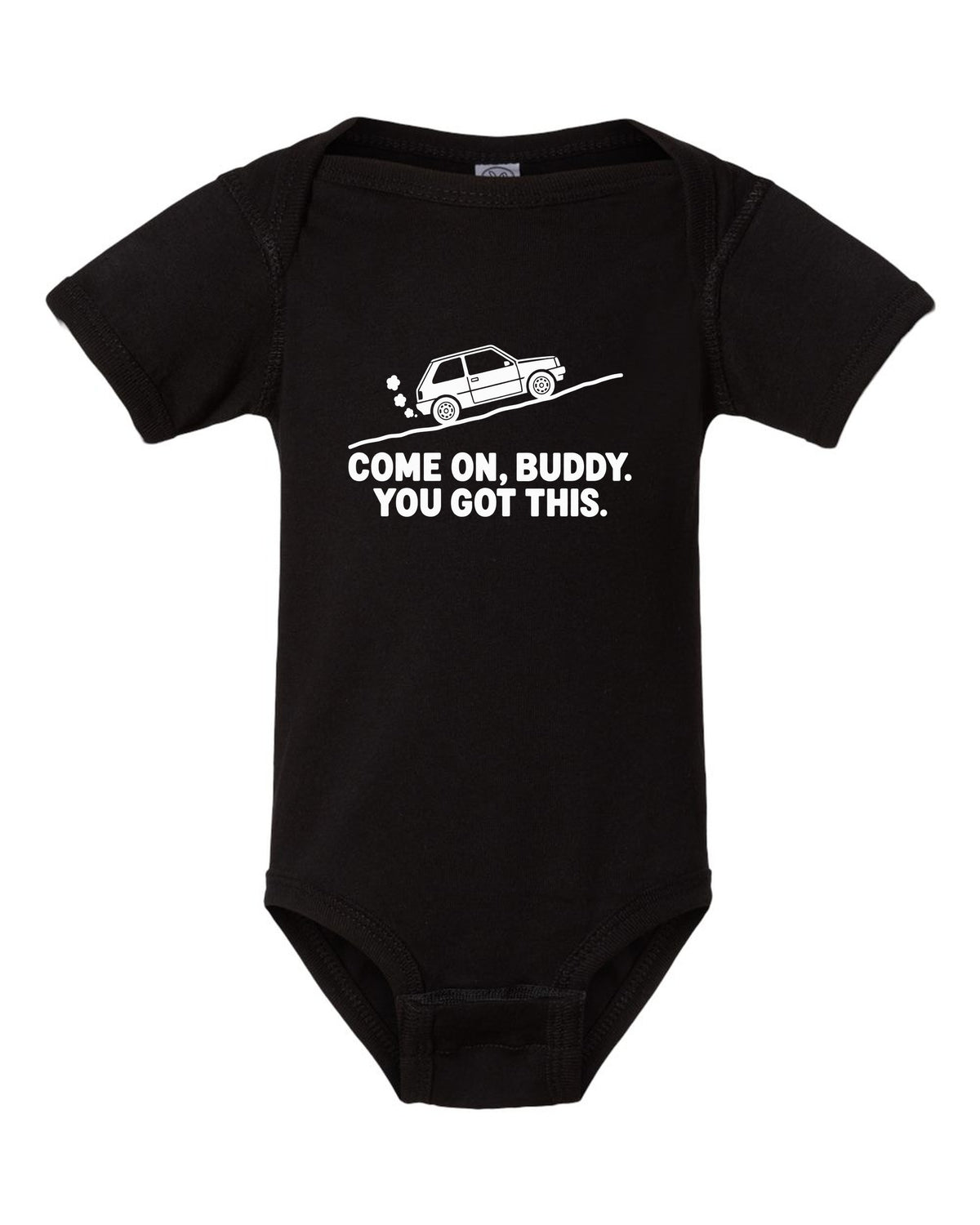 Funny Little Car Climbing Hill Shirt for Car Guys black baby onesie front view with the design