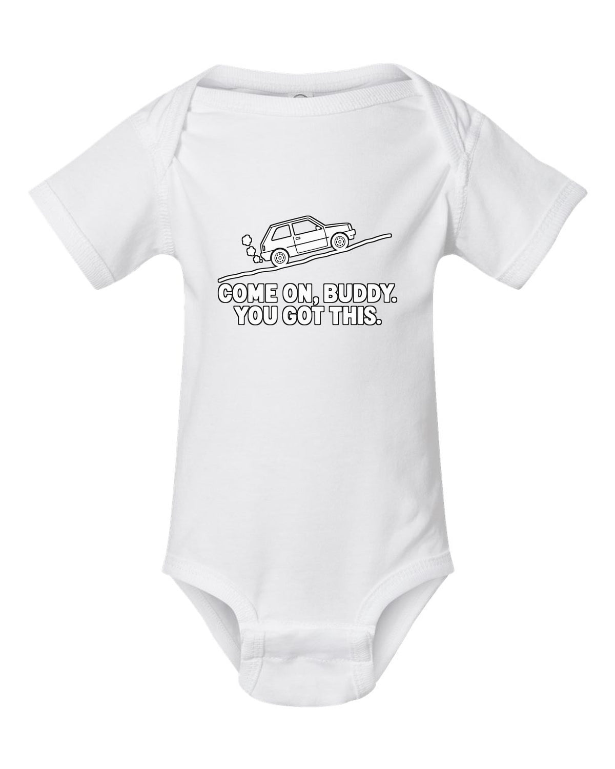 Funny Little Car Climbing Hill Shirt for Car Guys white baby onesie front view with the design