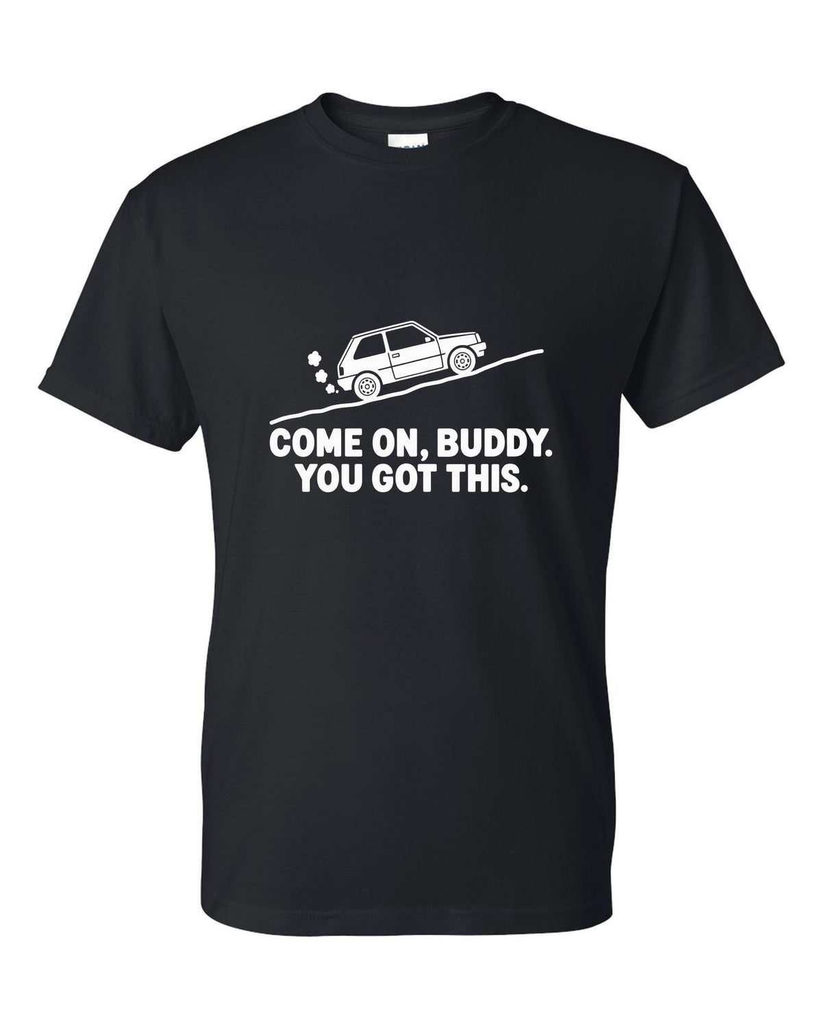 Tiny boxy car climbing a steep hill with steam puffs black t-shirt front view with the design