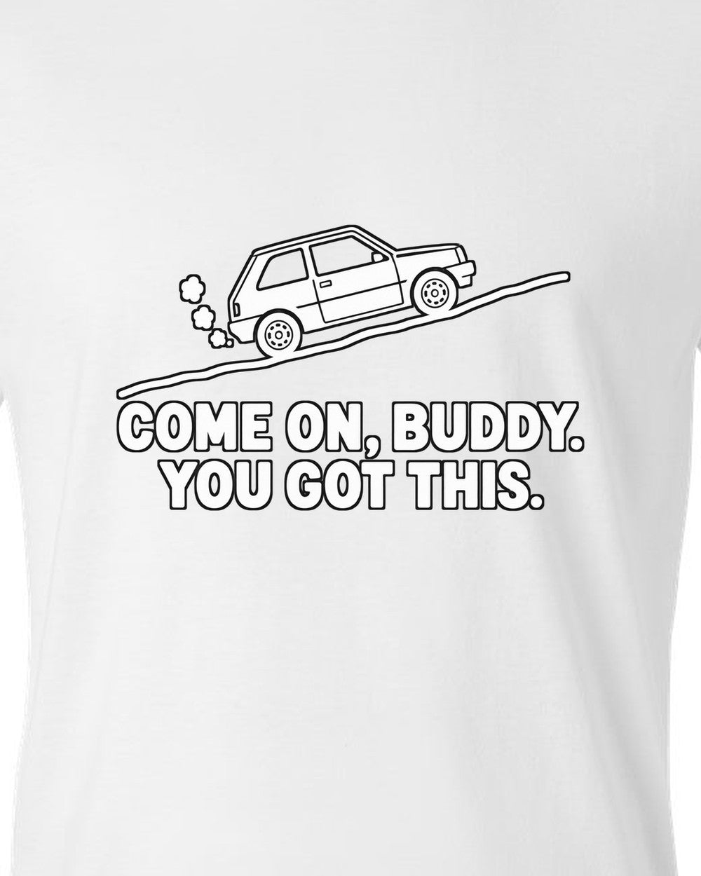 Tiny boxy car climbing a steep hill with steam puffs white t-shirt close-up