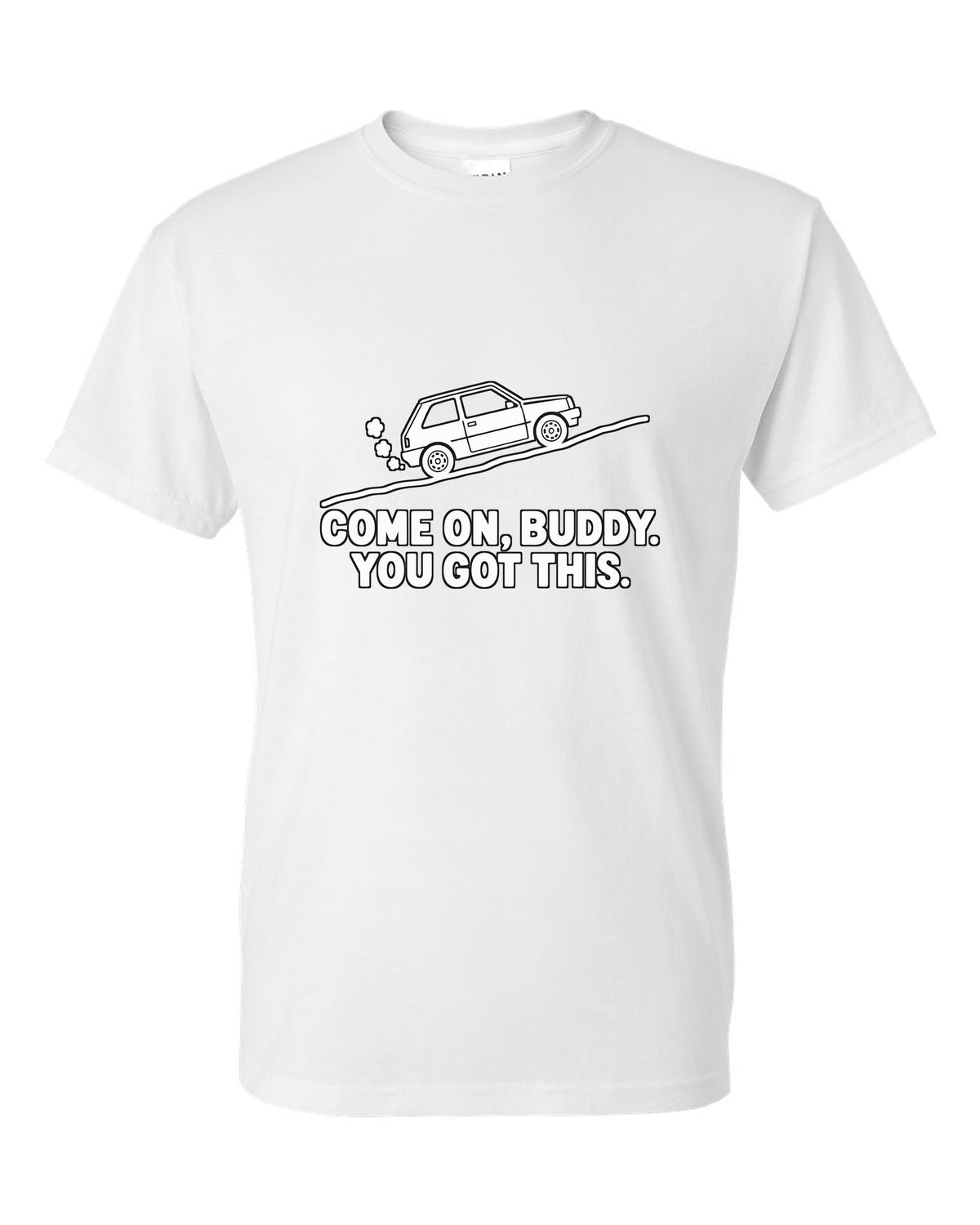 Tiny boxy car climbing a steep hill with steam puffs white t-shirt front view with the design