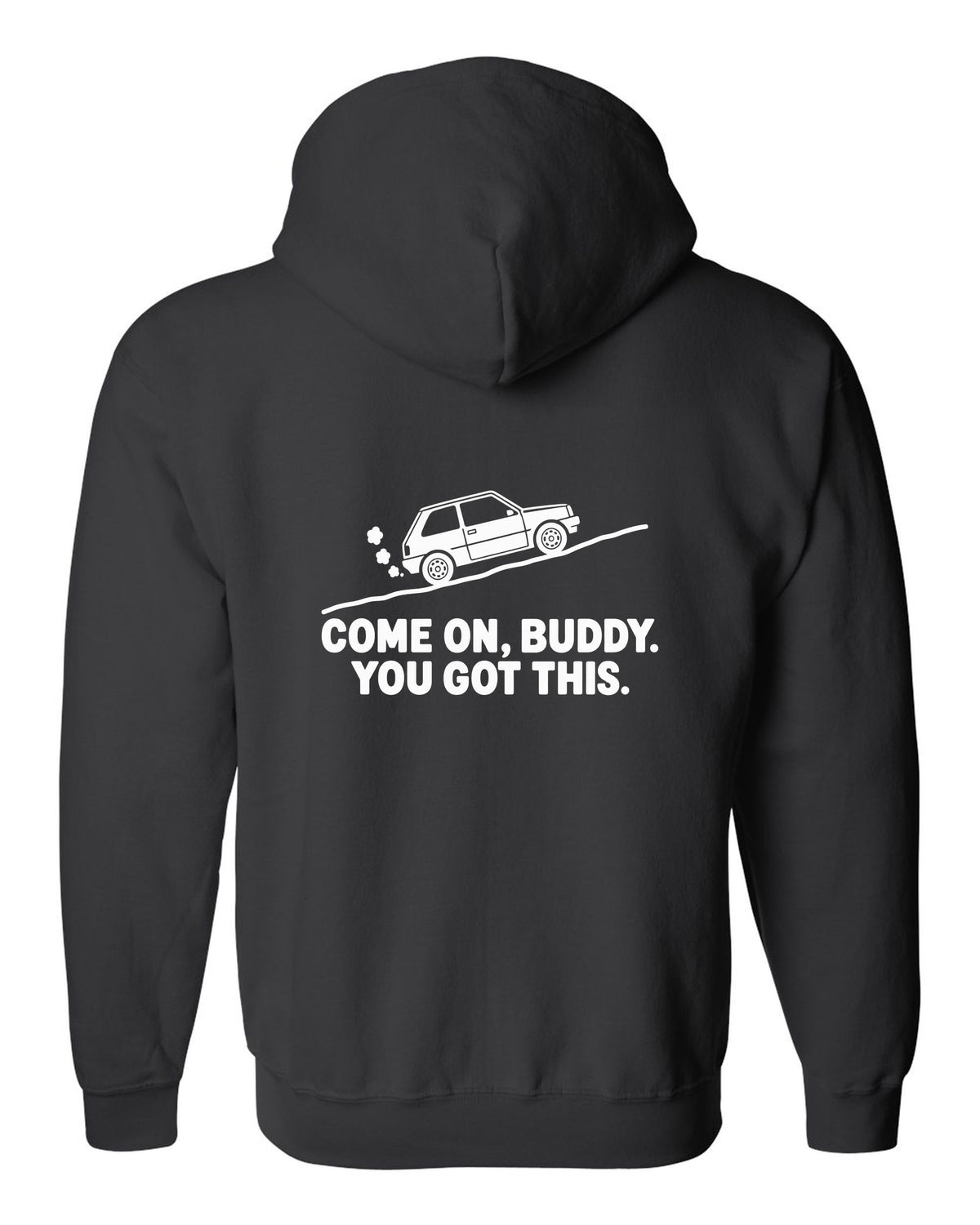 Tiny boxy car climbing a steep hill with steam puffs black zip hoodie back view with the design