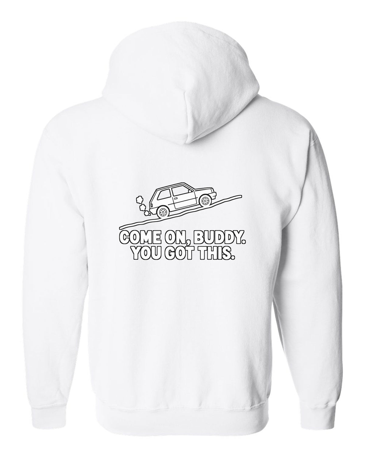 Tiny boxy car climbing a steep hill with steam puffs white zip hoodie back view with the design