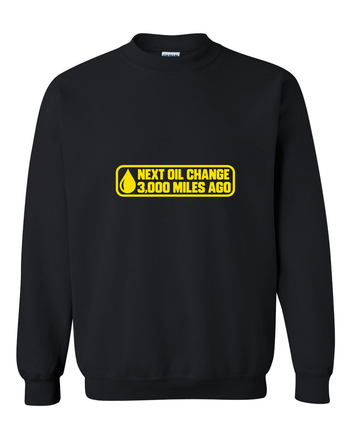 Oil change windshield sticker with oil drop in the corner black crewneck front view with the design