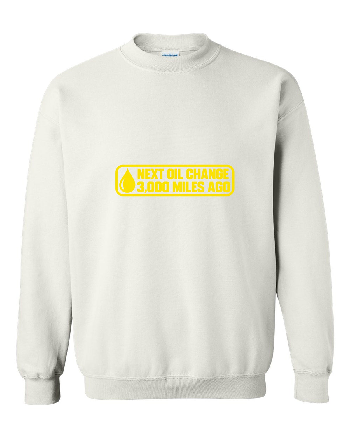 Oil change windshield sticker with oil drop in the corner white crewneck front view with the design