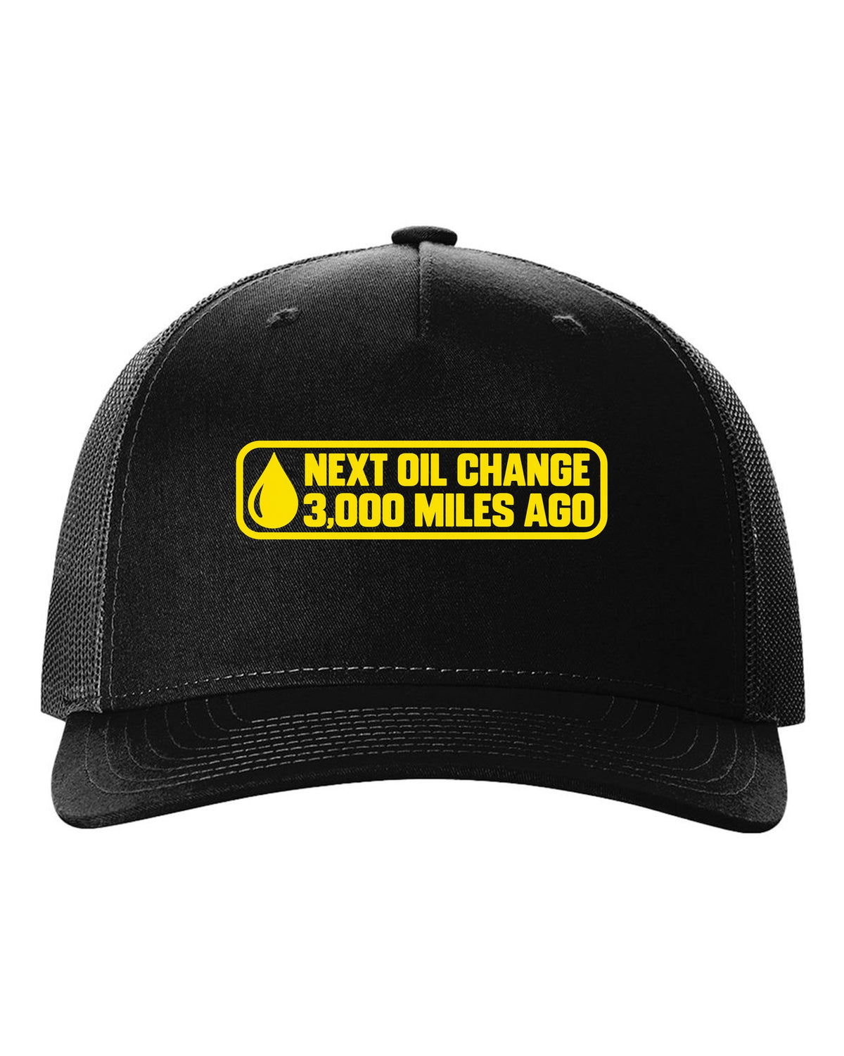 Oil change windshield sticker with oil drop in the corner black hat front view with the design