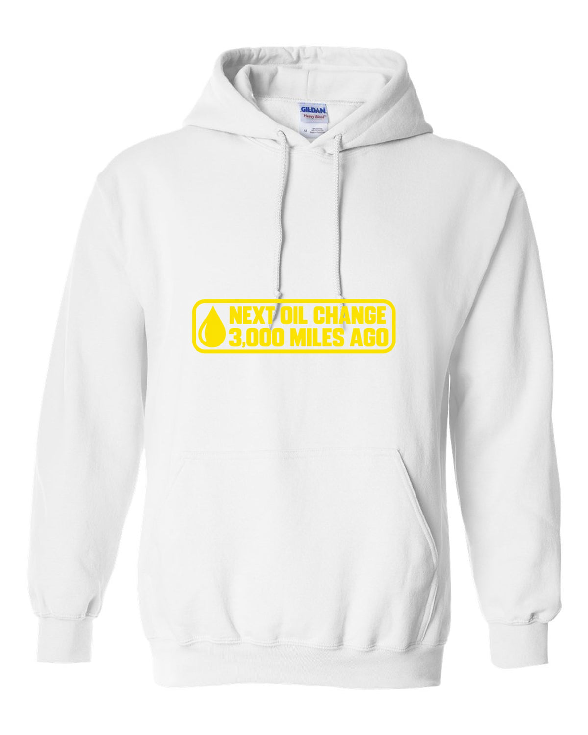 Oil change windshield sticker with oil drop in the corner white pull over hoodie front view with the design