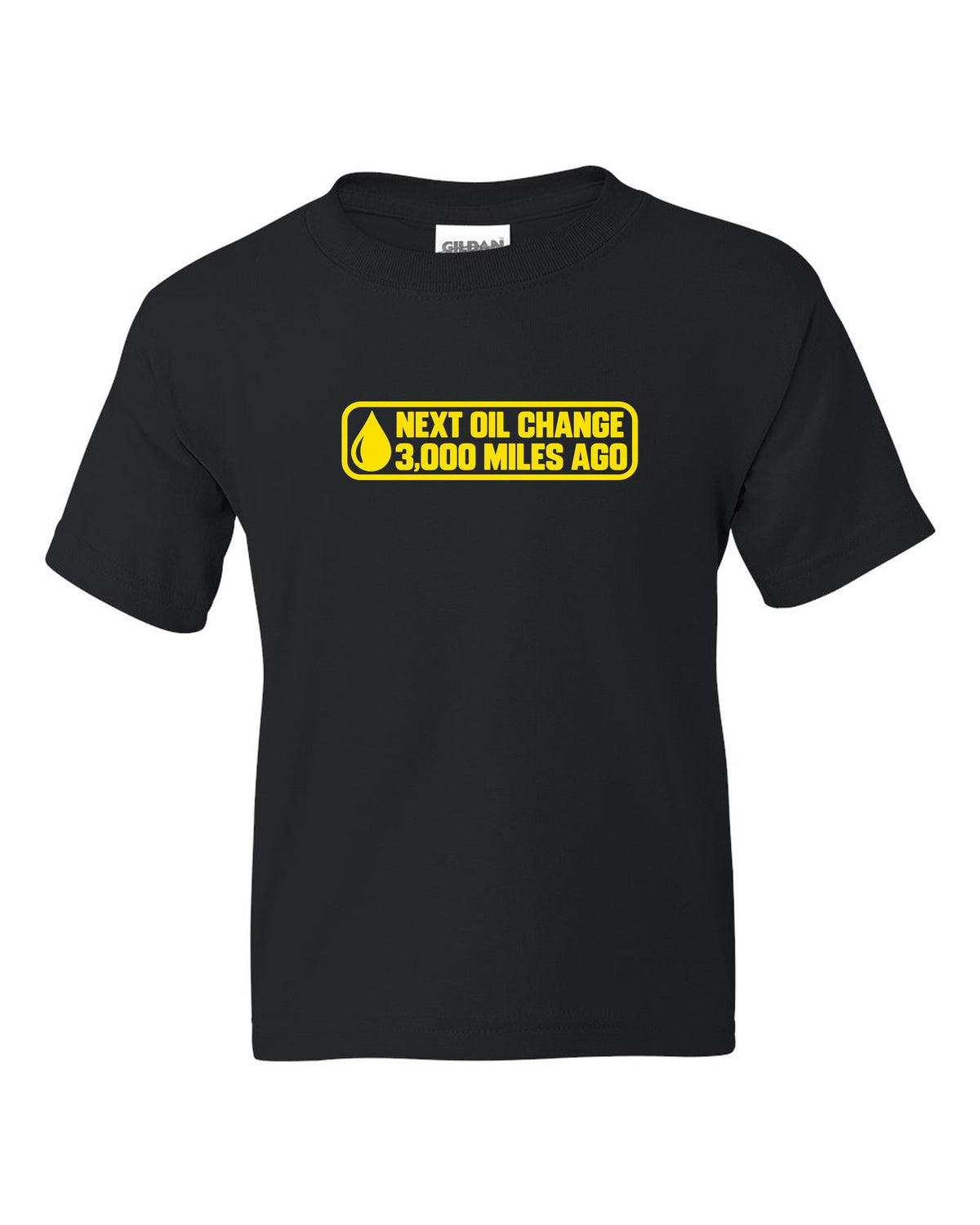 Oil change windshield sticker with oil drop in the corner black kids tee front view with the design