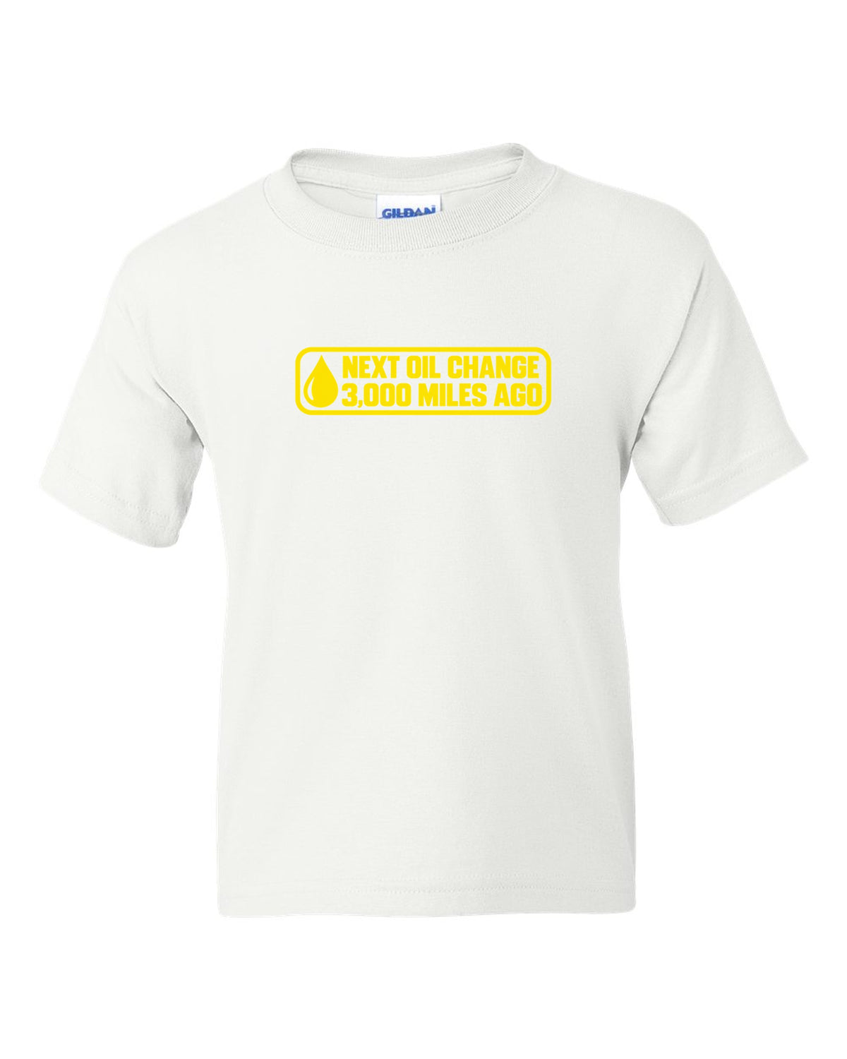 Oil change windshield sticker with oil drop in the corner white kids tee front view with the design
