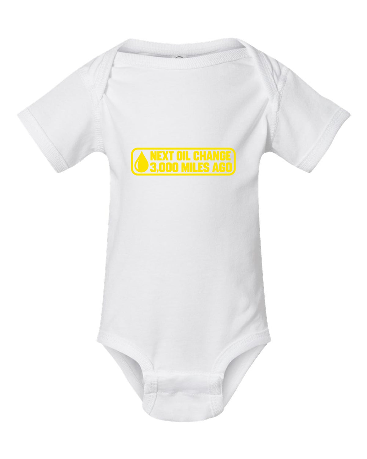 Funny Next Oil Change Shirt for Car Guys white baby onesie front view with the design