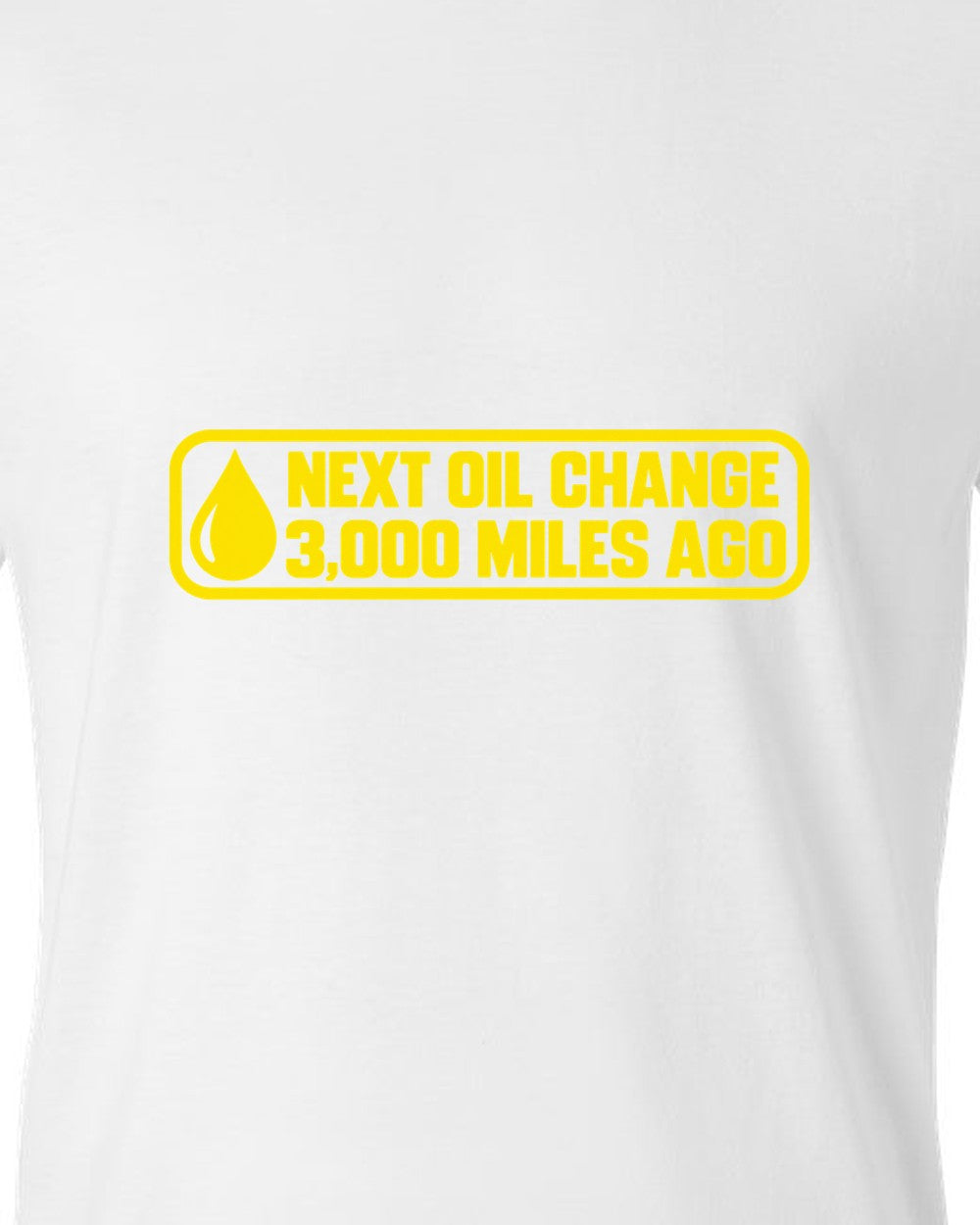 Oil change windshield sticker with oil drop in the corner white t-shirt close-up