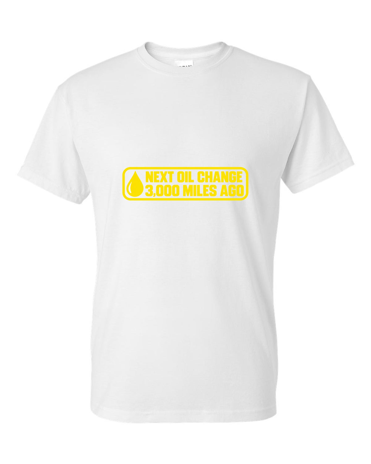 Oil change windshield sticker with oil drop in the corner white t-shirt front view with the design