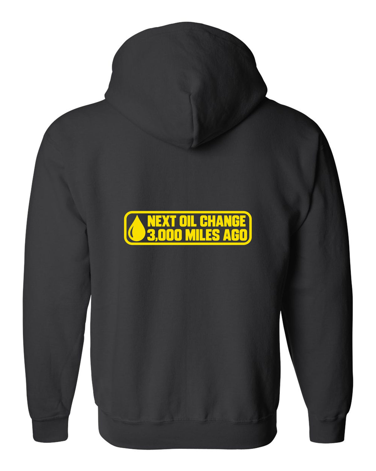 Oil change windshield sticker with oil drop in the corner black zip hoodie back view with the design