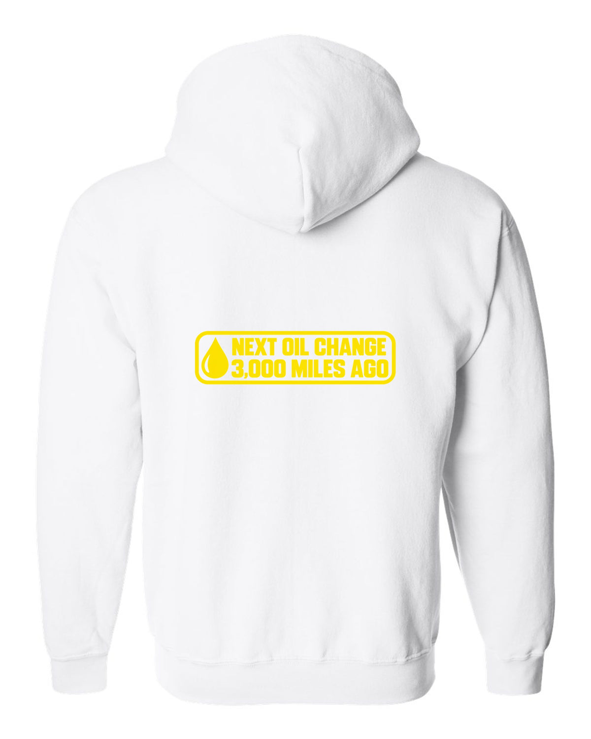 Oil change windshield sticker with oil drop in the corner white zip hoodie back view with the design