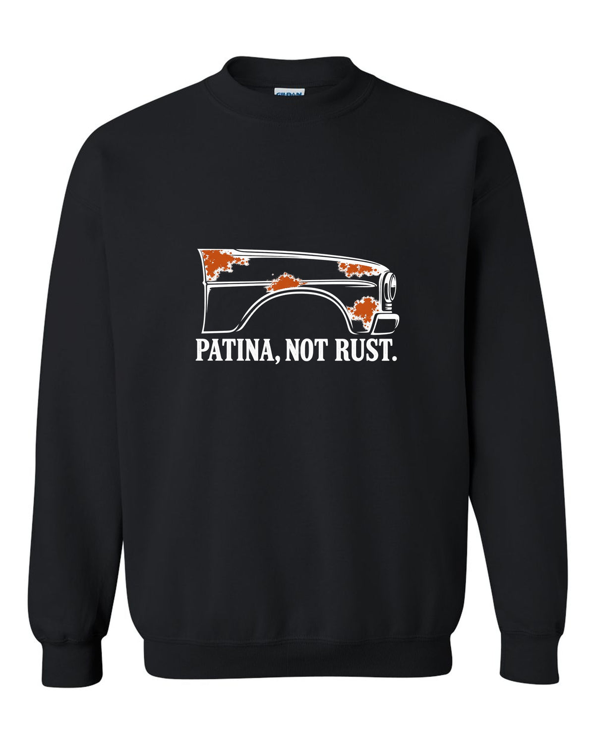 Front fender outline with four rust-orange spots black crewneck front view with the design