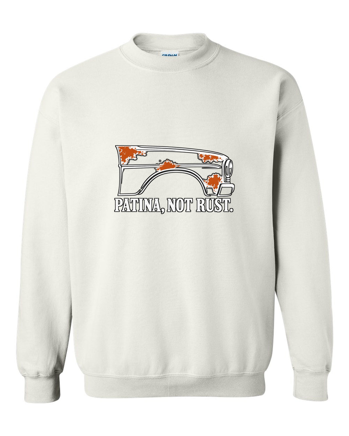 Front fender outline with four rust-orange spots white crewneck front view with the design