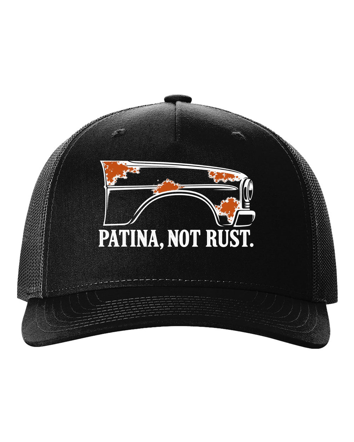 Front fender outline with four rust-orange spots black hat front view with the design