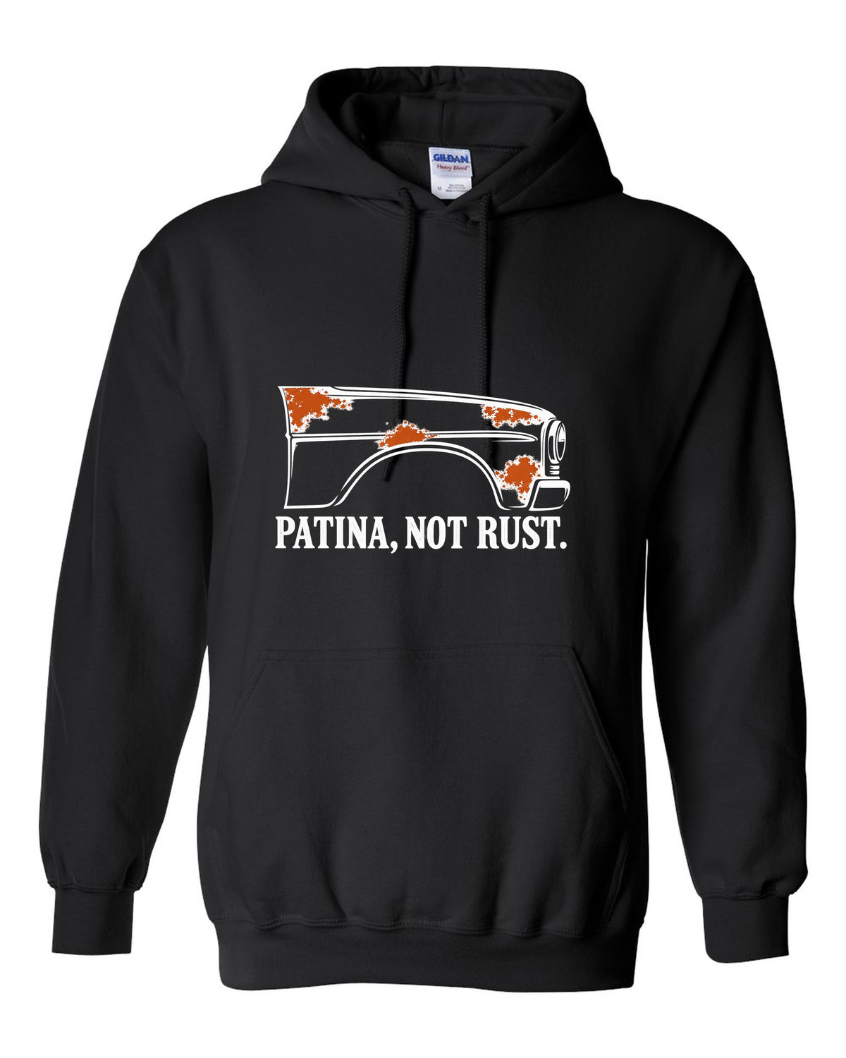 Front fender outline with four rust-orange spots black pull over hoodie front view with the design