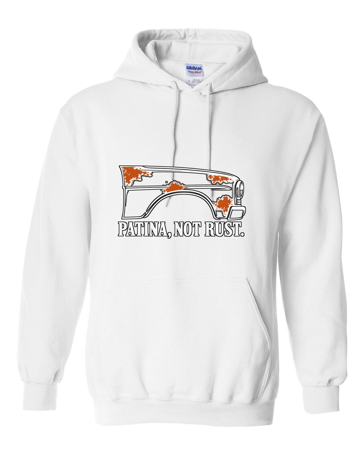 Front fender outline with four rust-orange spots white pull over hoodie front view with the design