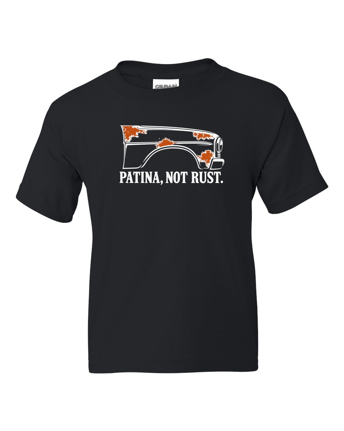 Front fender outline with four rust-orange spots black kids tee front view with the design