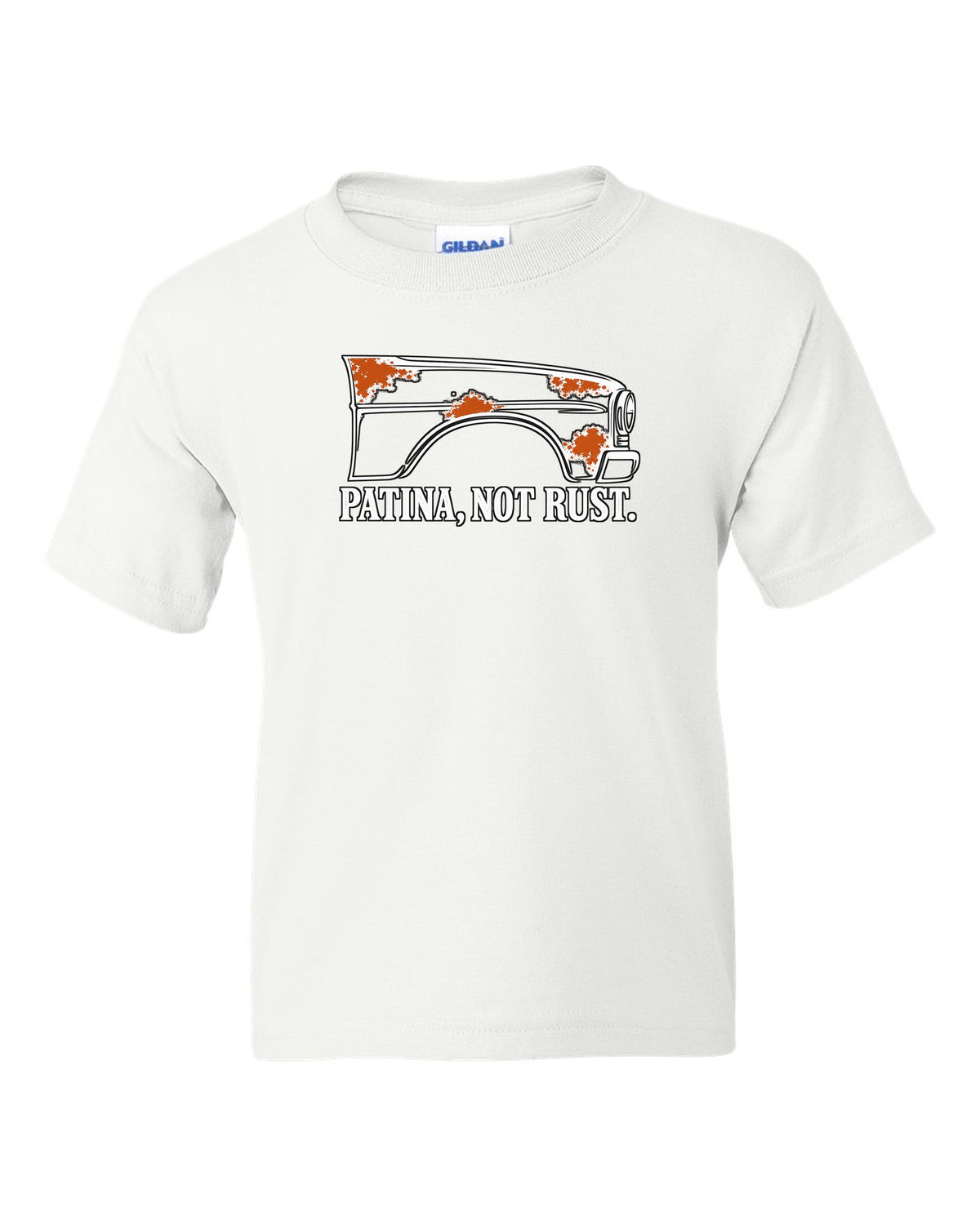 Front fender outline with four rust-orange spots white kids tee front view with the design