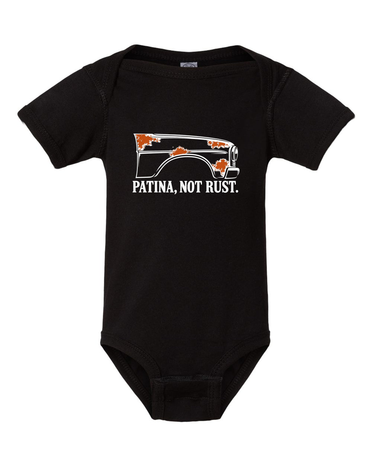 Funny Patina Not Rust Shirt for Car Guys black baby onesie front view with the design
