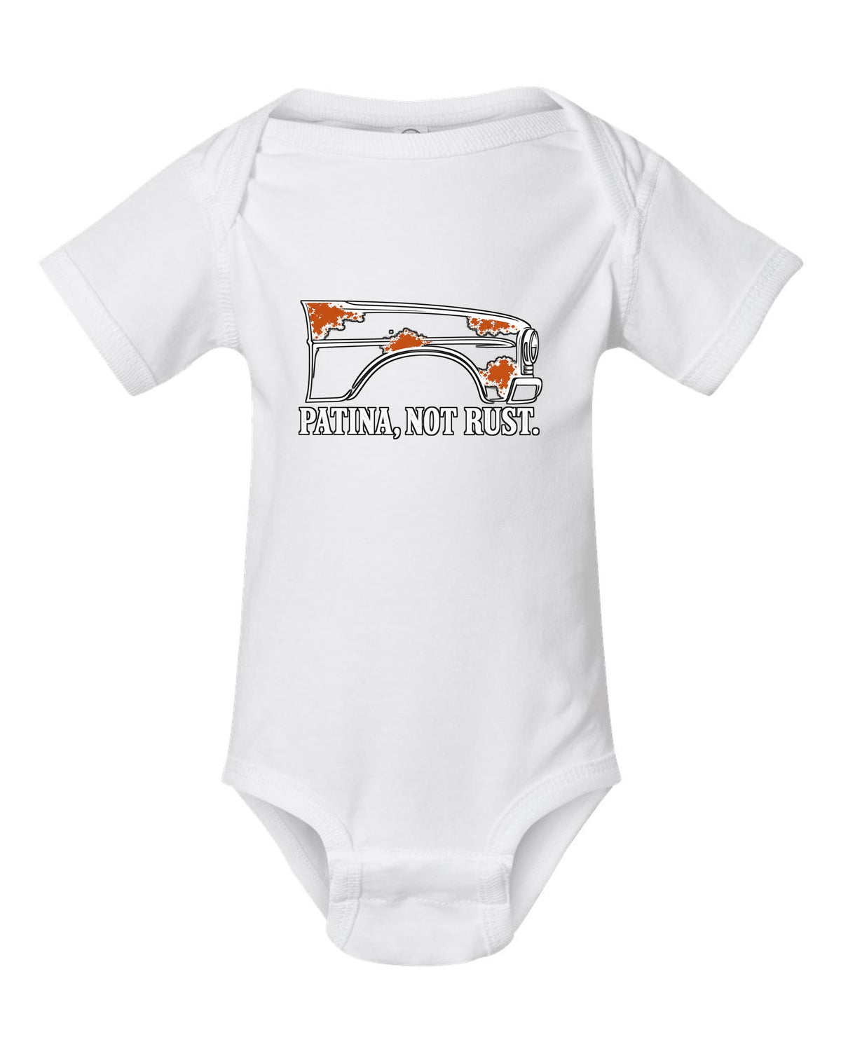 Funny Patina Not Rust Shirt for Car Guys white baby onesie front view with the design