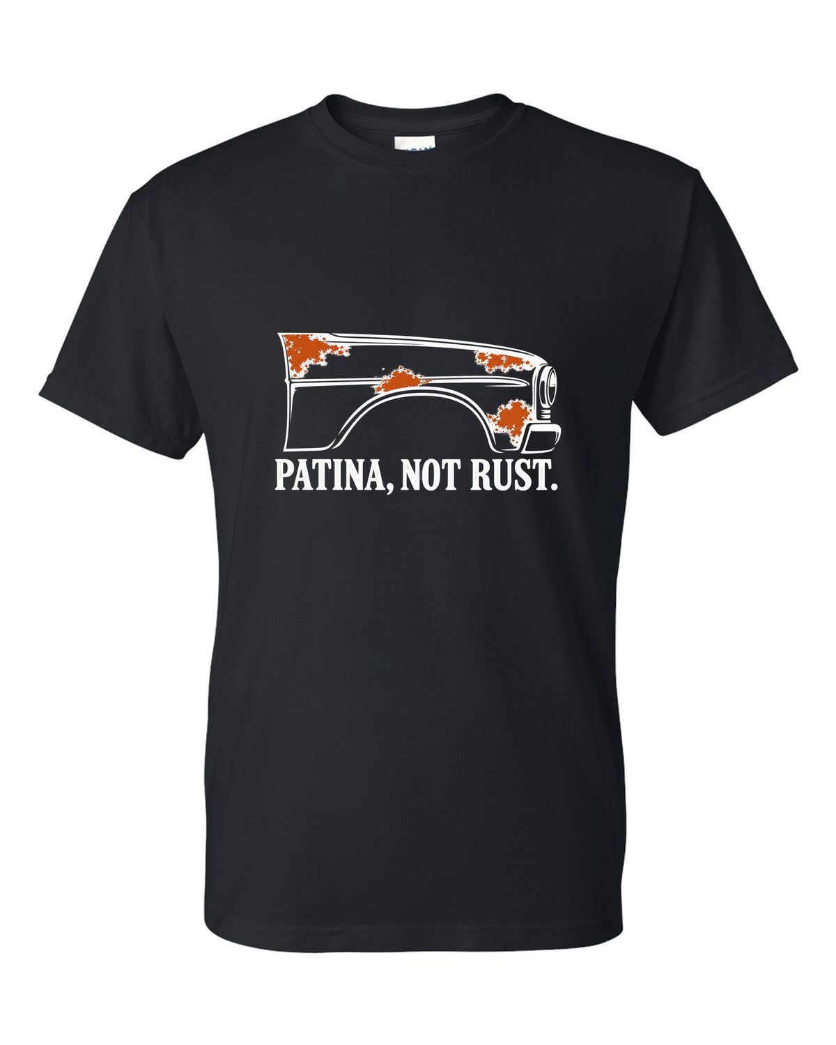 Front fender outline with four rust-orange spots black t-shirt front view with the design