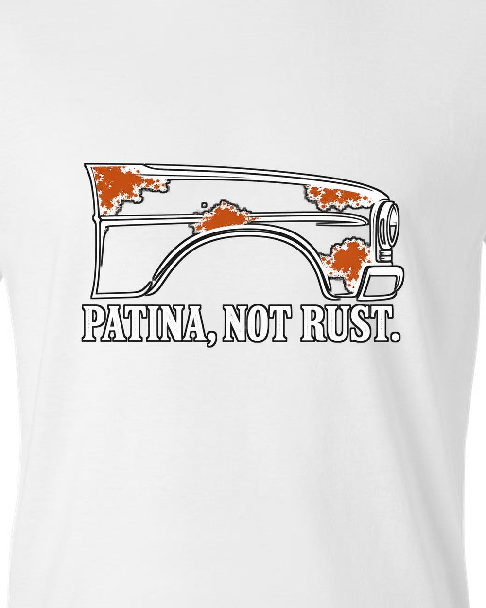 Front fender outline with four rust-orange spots white t-shirt close-up