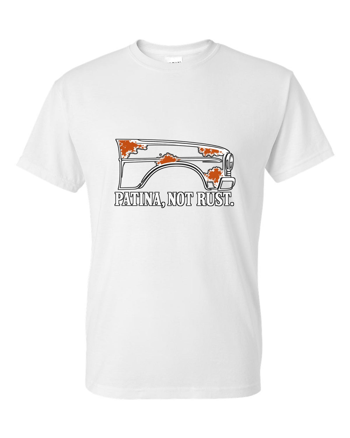 Front fender outline with four rust-orange spots white t-shirt front view with the design