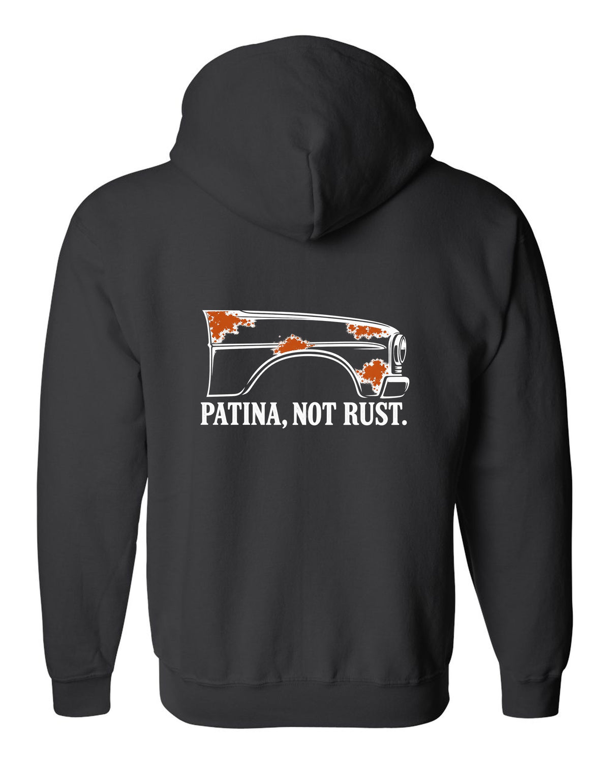 Front fender outline with four rust-orange spots black zip hoodie back view with the design