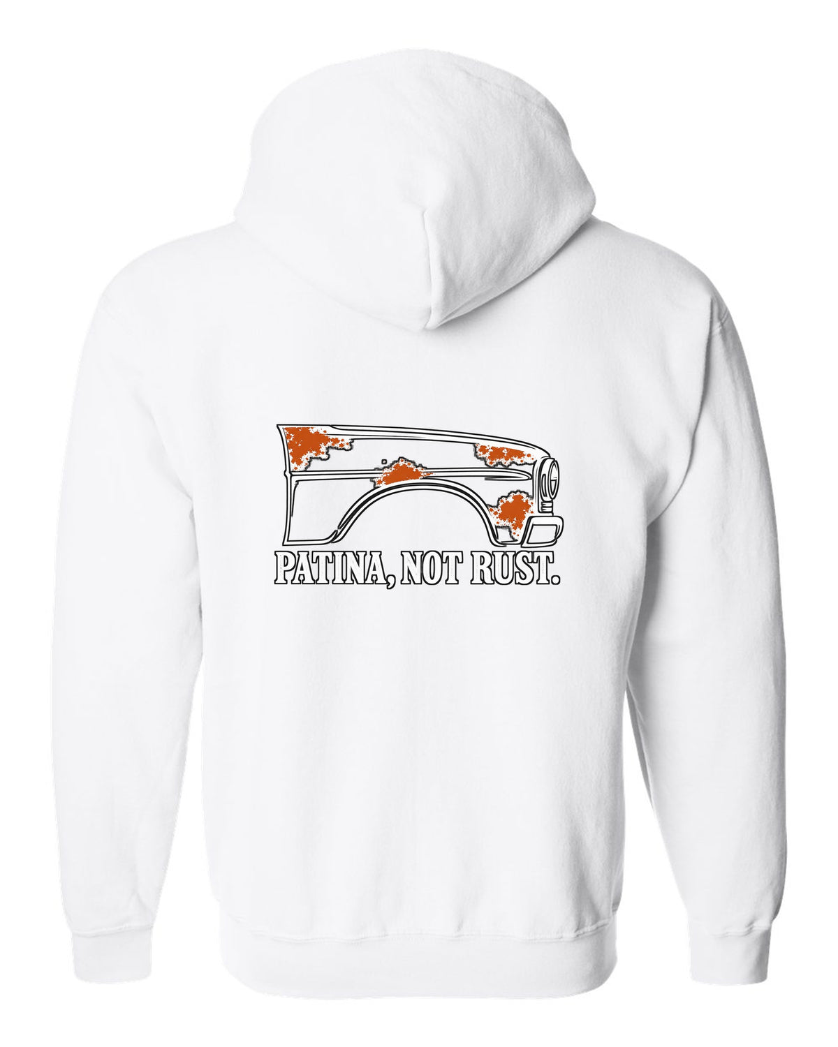 Front fender outline with four rust-orange spots white zip hoodie back view with the design