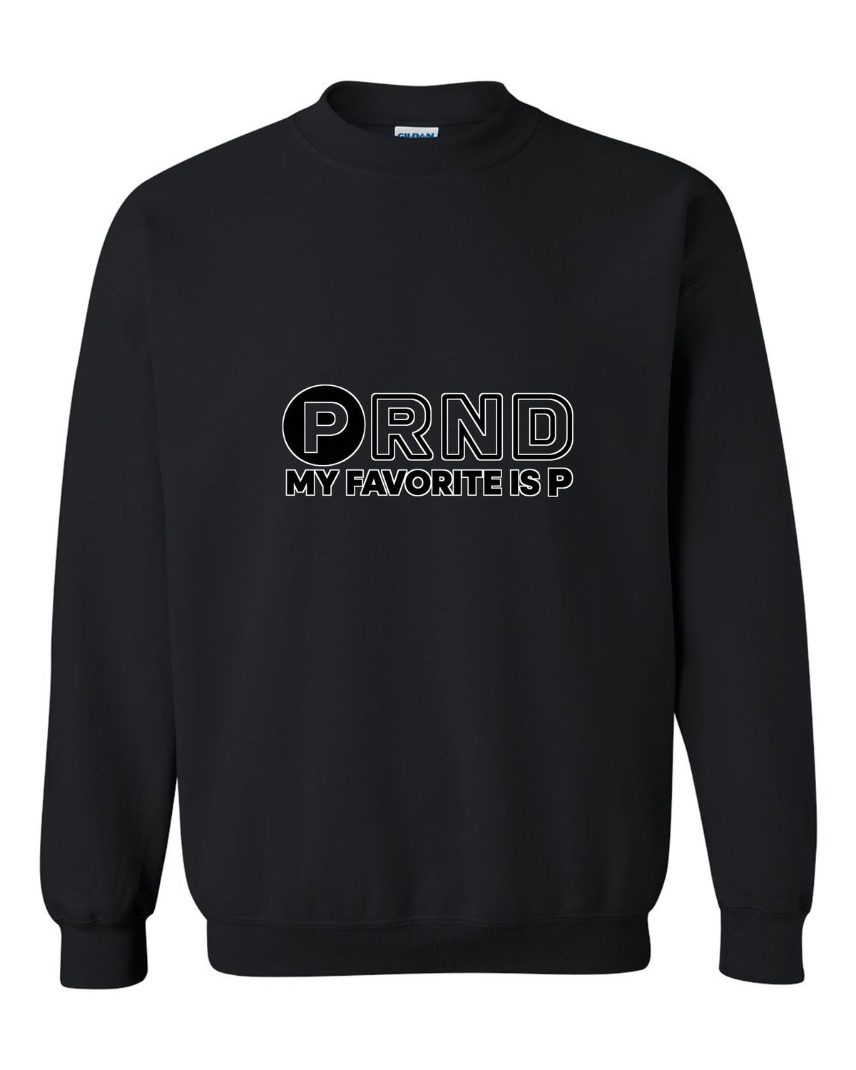 Four gear shifter letters with one circled in bold black crewneck front view with the design