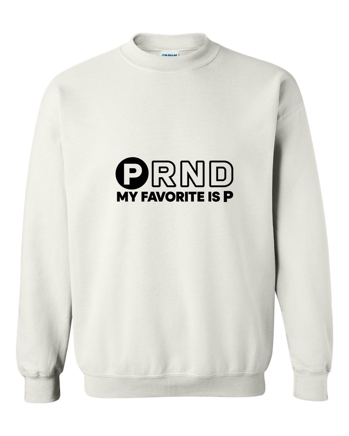 Four gear shifter letters with one circled in bold white crewneck front view with the design