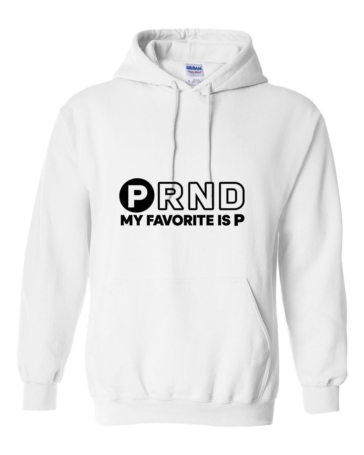 Four gear shifter letters with one circled in bold white pull over hoodie front view with the design