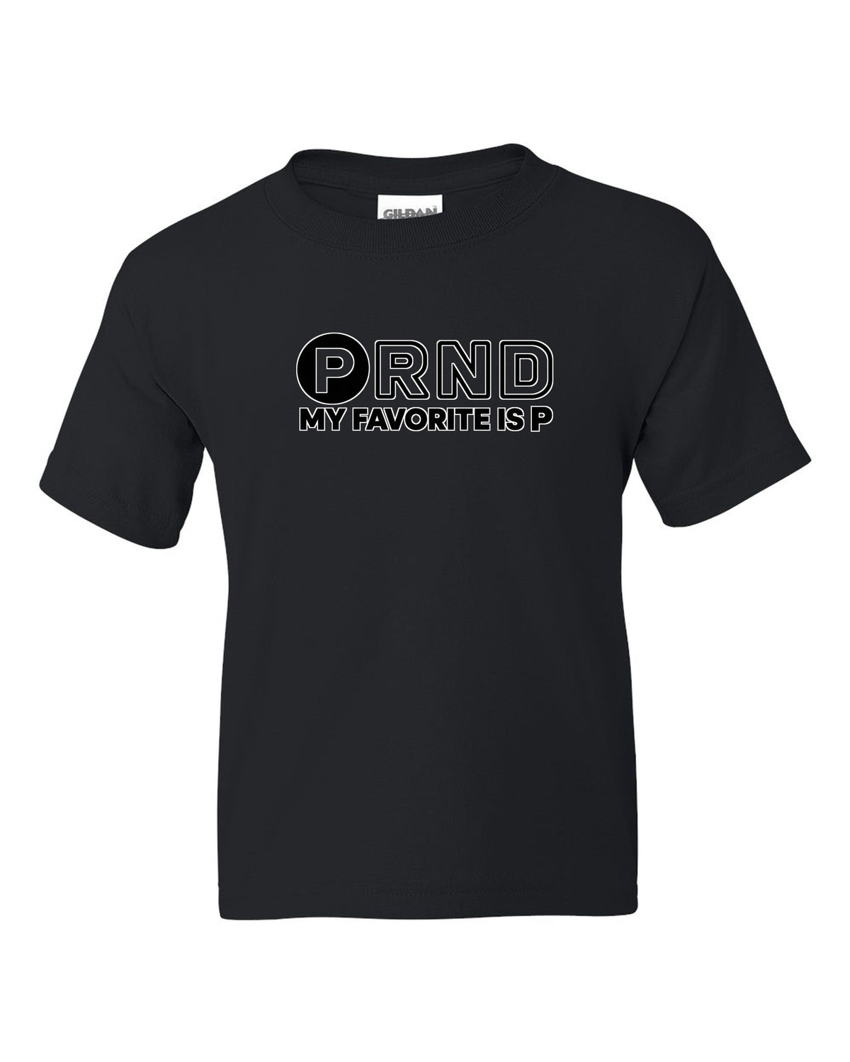 Four gear shifter letters with one circled in bold black kids tee front view with the design