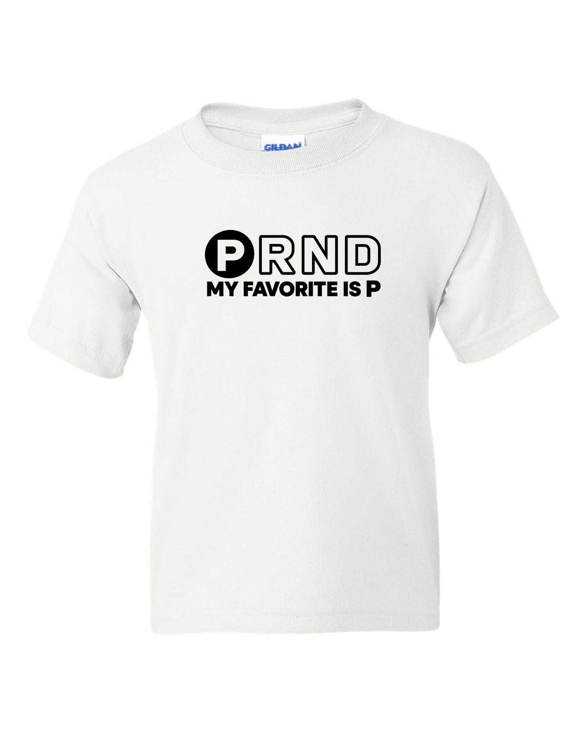 Four gear shifter letters with one circled in bold white kids tee front view with the design