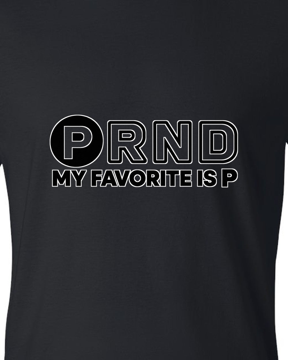 Four gear shifter letters with one circled in bold black t-shirt close-up