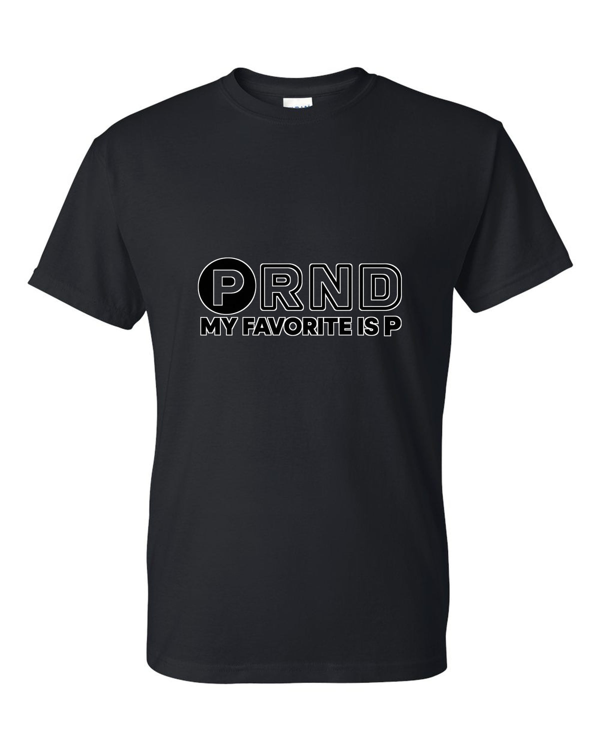 Four gear shifter letters with one circled in bold black t-shirt front view with the design
