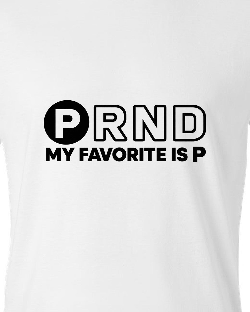 Four gear shifter letters with one circled in bold white t-shirt close-up