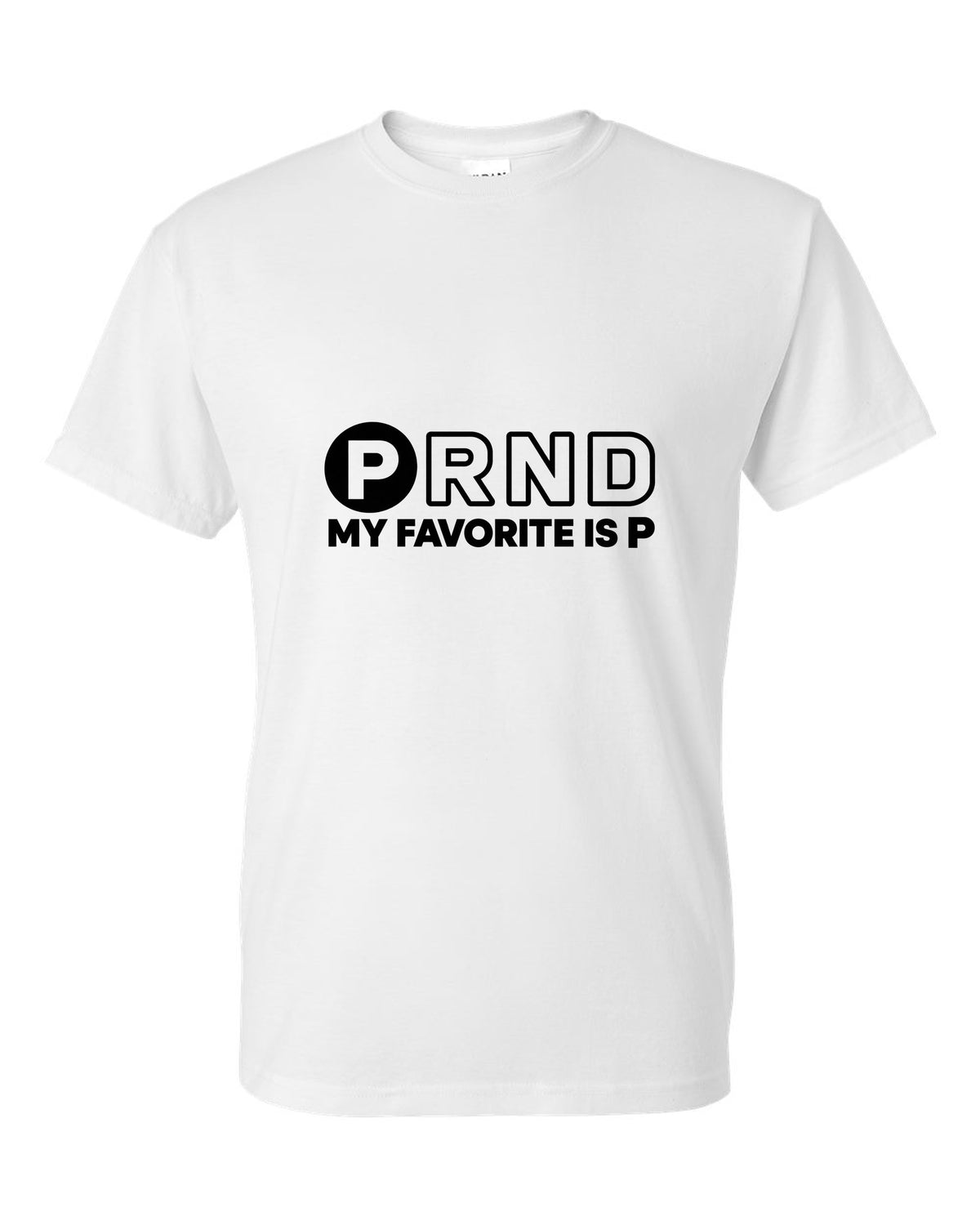 Four gear shifter letters with one circled in bold white t-shirt front view with the design