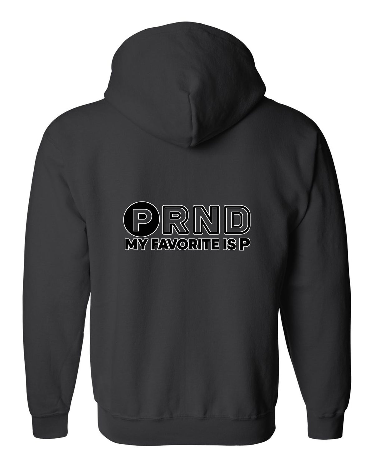 Four gear shifter letters with one circled in bold black zip hoodie back view with the design