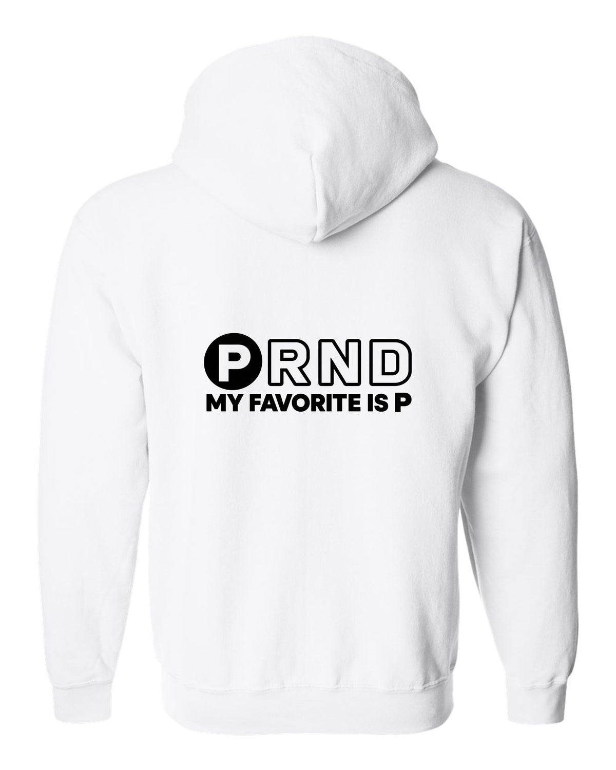 Four gear shifter letters with one circled in bold white zip hoodie back view with the design