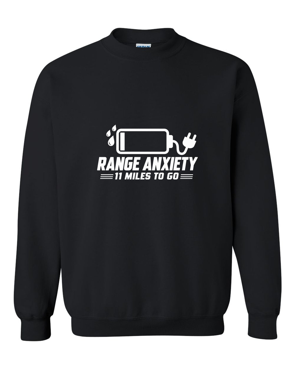 Almost empty battery icon with sweat drops and plug black crewneck front view with the design