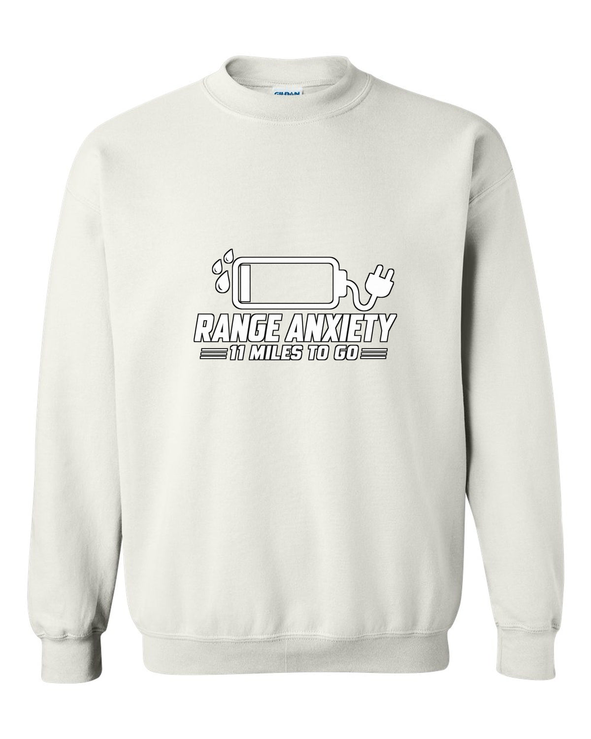 Almost empty battery icon with sweat drops and plug white crewneck front view with the design