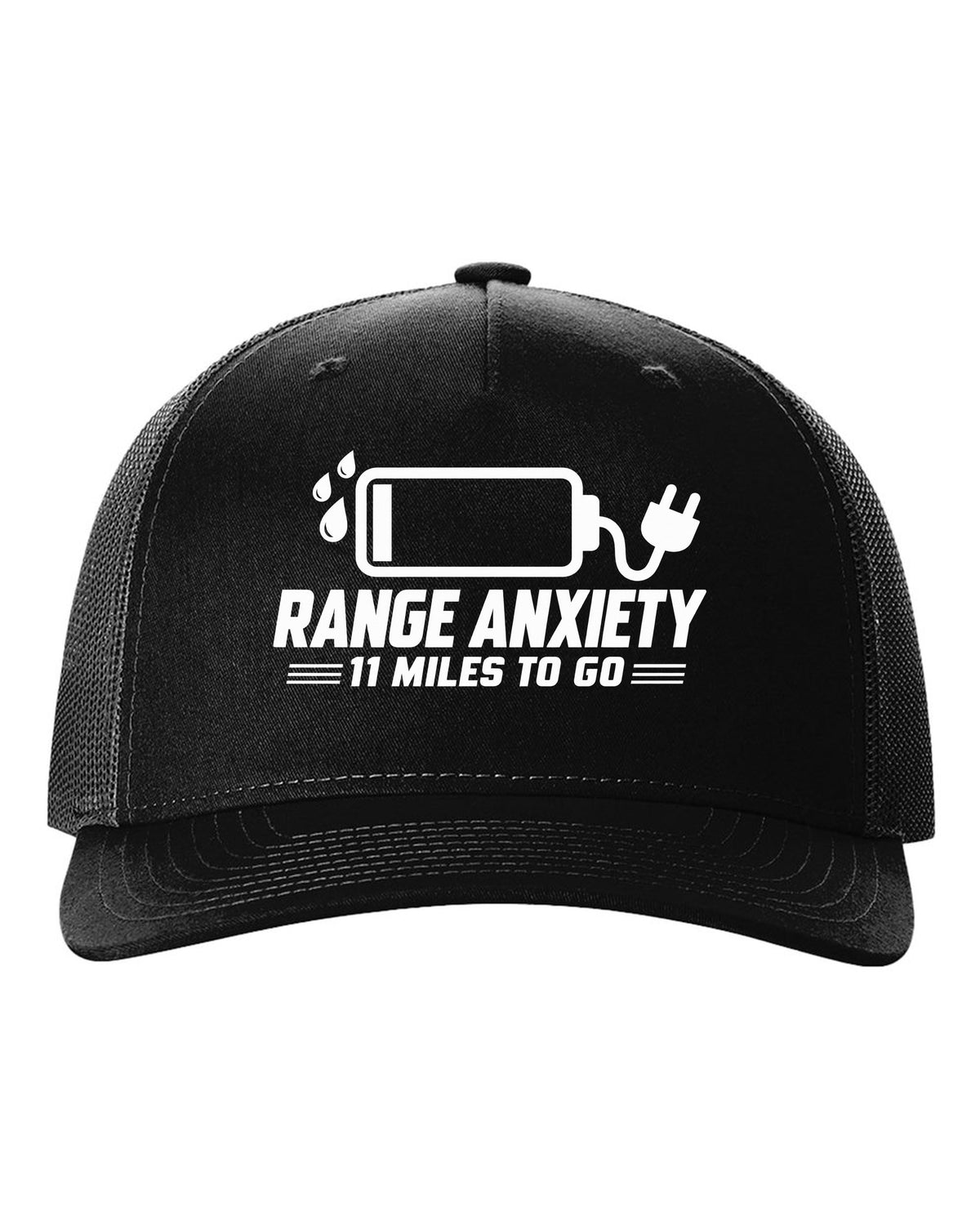 Almost empty battery icon with sweat drops and plug black hat front view with the design