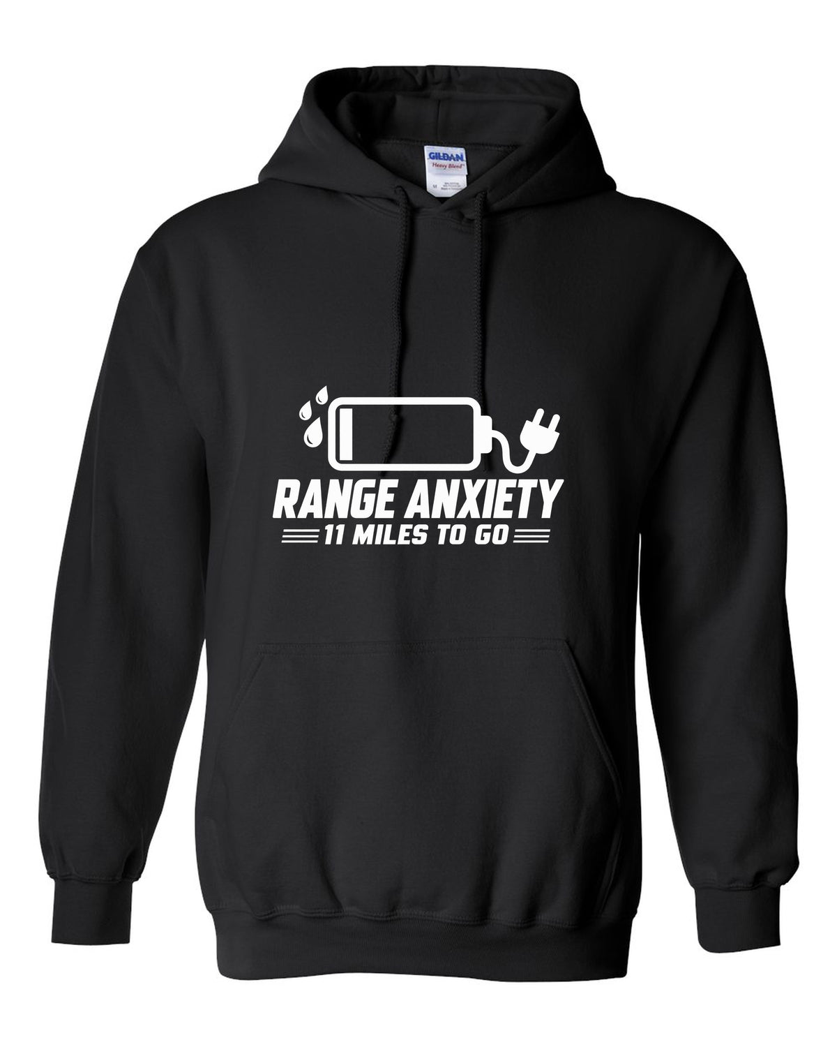 Almost empty battery icon with sweat drops and plug black pull over hoodie front view with the design