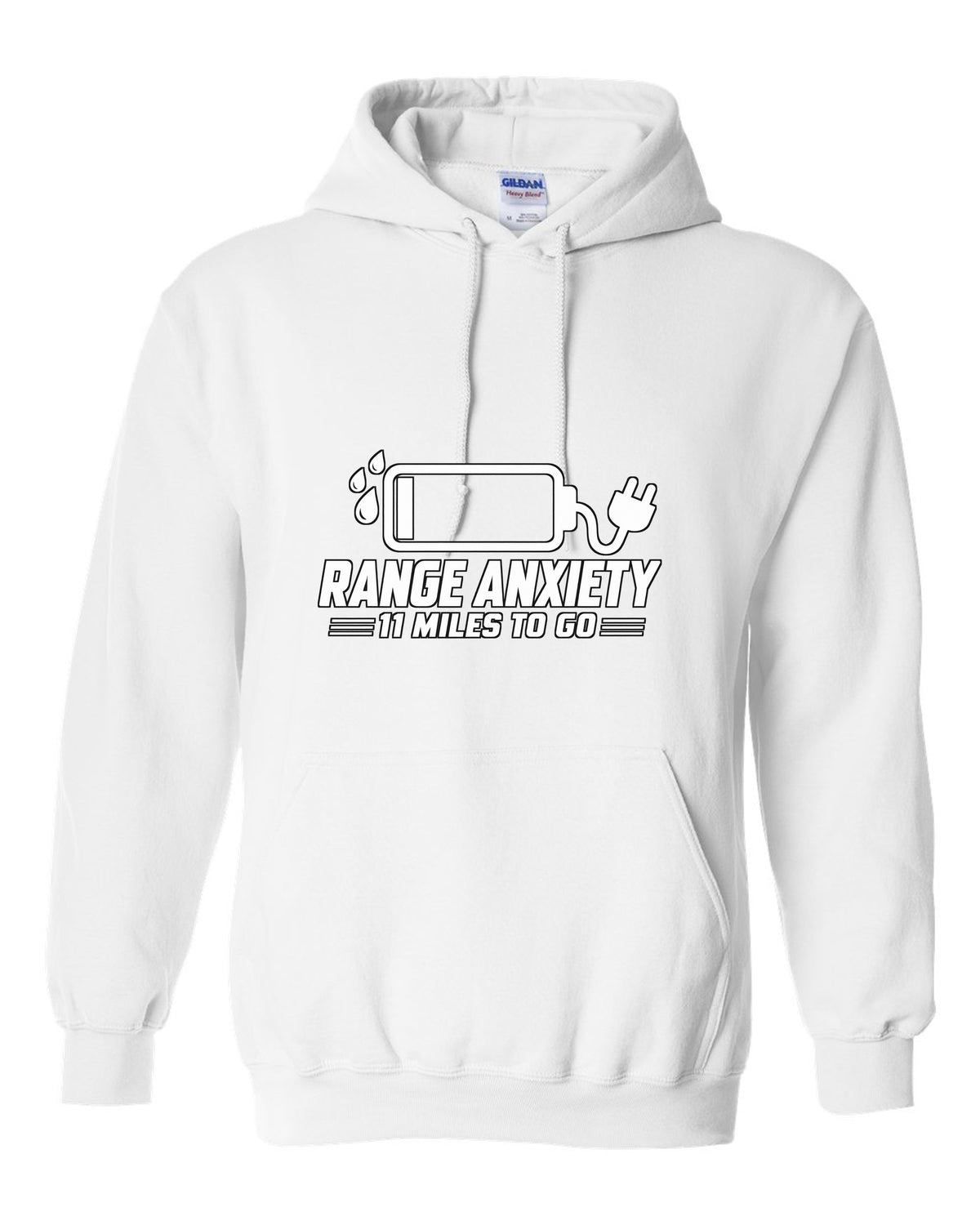 Almost empty battery icon with sweat drops and plug white pull over hoodie front view with the design