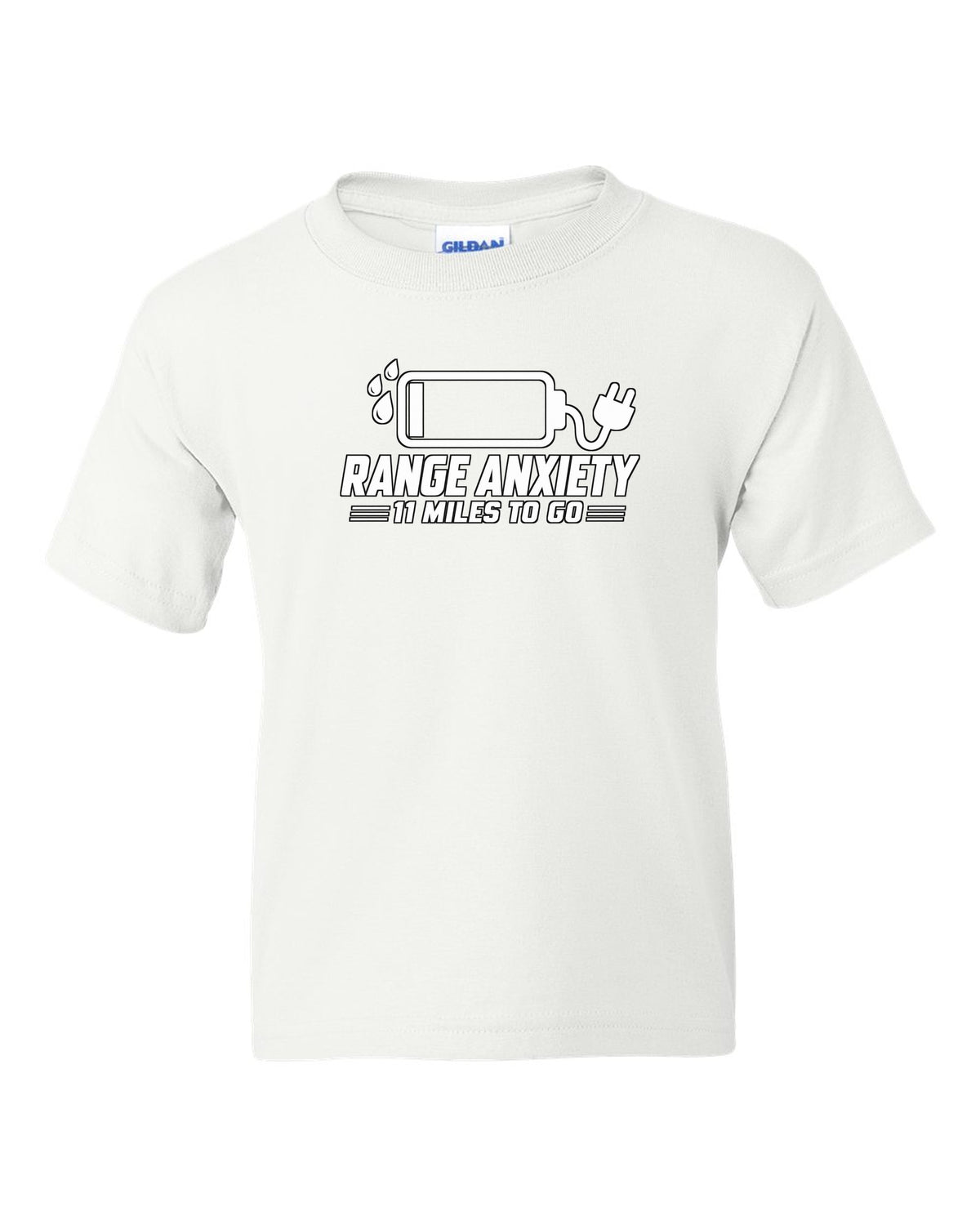 Almost empty battery icon with sweat drops and plug white kids tee front view with the design